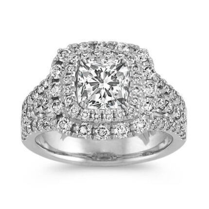Double Halo Split Shank Engagement Ring in 14k White Gold