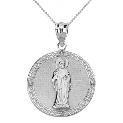 Sterling Silver CZ Saint Peter Engravable Circle Medallion Pendant Necklace
