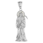 Sterling Silver Cubic Zirconia Santa Muerte Pendant Small Rhodium Finished, 1 1/4 inch Long